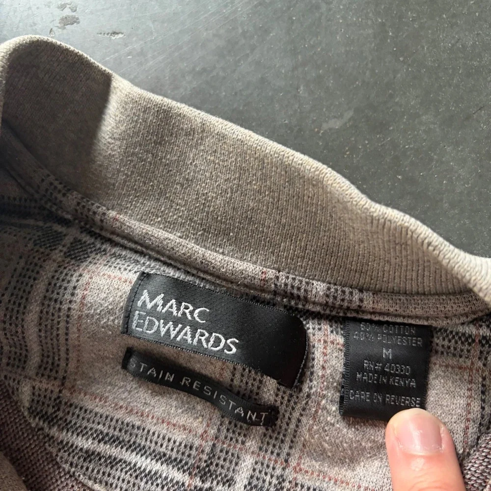 Marc Edwards Mens Plaid Long Sleeve Polo Shirt Brown Grey Size M
